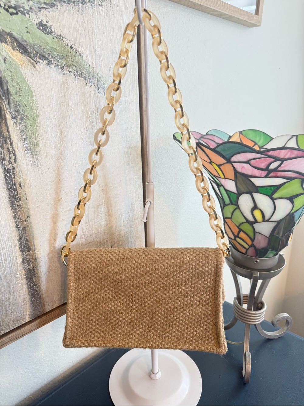 Dior Raffia Tan Woven Shoulder Bag with Gold Chain Strap - Picture 2 of 4